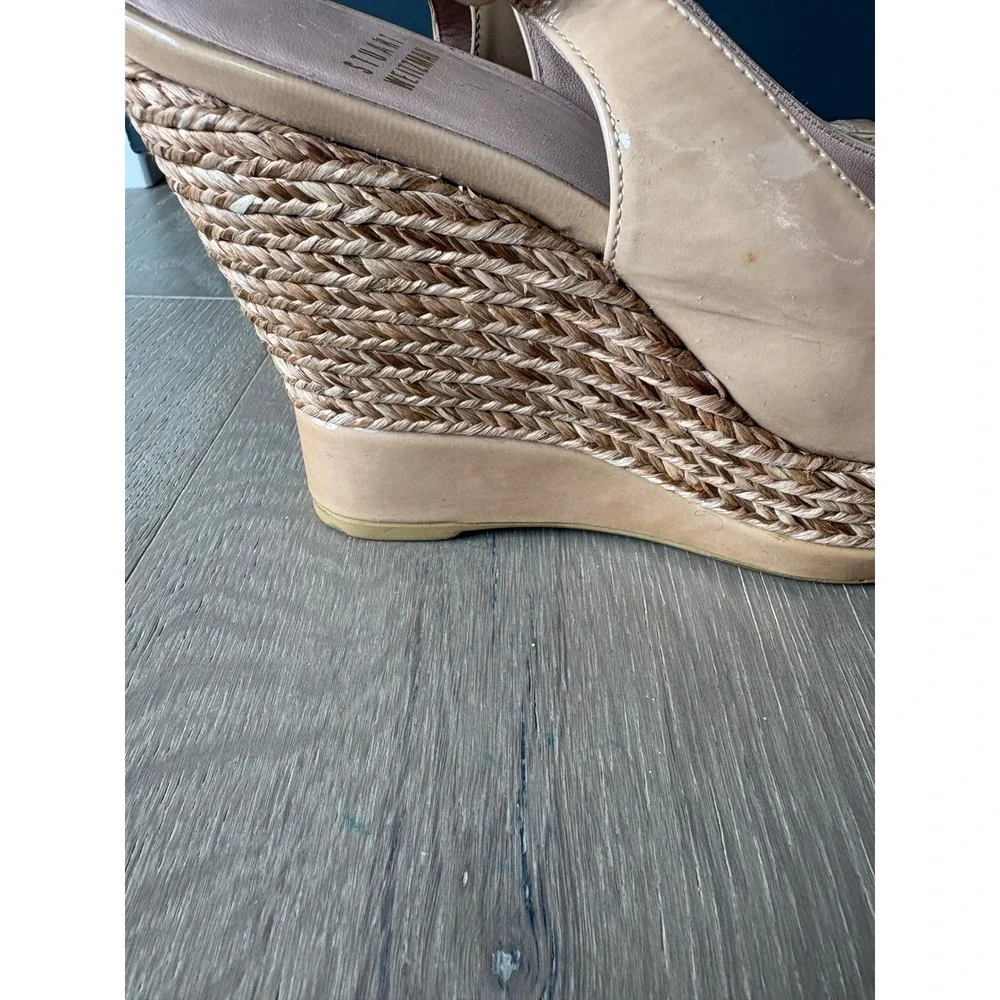 Stuart Weitzman Nude Patent Leather Espadrille Wedge Sandals Peep Toe 8M NW74419